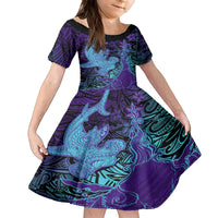 Hawaiian Volcano and Shark Family Matching Off Shoulder Short Dress and Hawaiian Shirt Polynesian and Hibiscus Pattern Purple Cyan Gradient LT03 Daughter's Dress Purple - Polynesian Pride