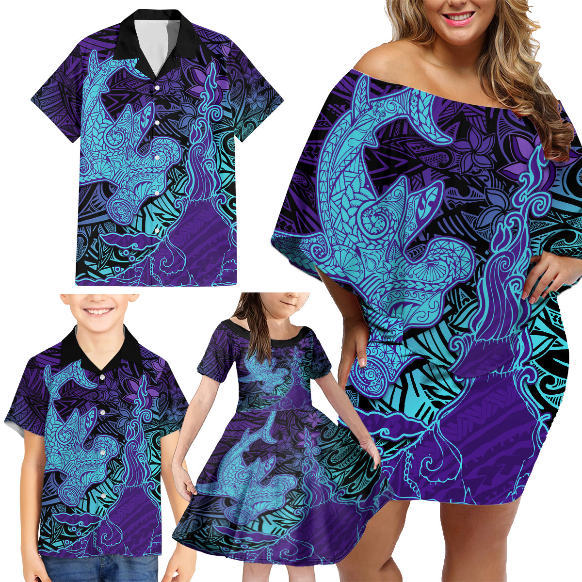 Hawaiian Volcano and Shark Family Matching Off Shoulder Short Dress and Hawaiian Shirt Polynesian and Hibiscus Pattern Purple Cyan Gradient LT03 - Polynesian Pride