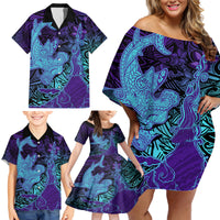 Hawaiian Volcano and Shark Family Matching Off Shoulder Short Dress and Hawaiian Shirt Polynesian and Hibiscus Pattern Purple Cyan Gradient LT03 - Polynesian Pride