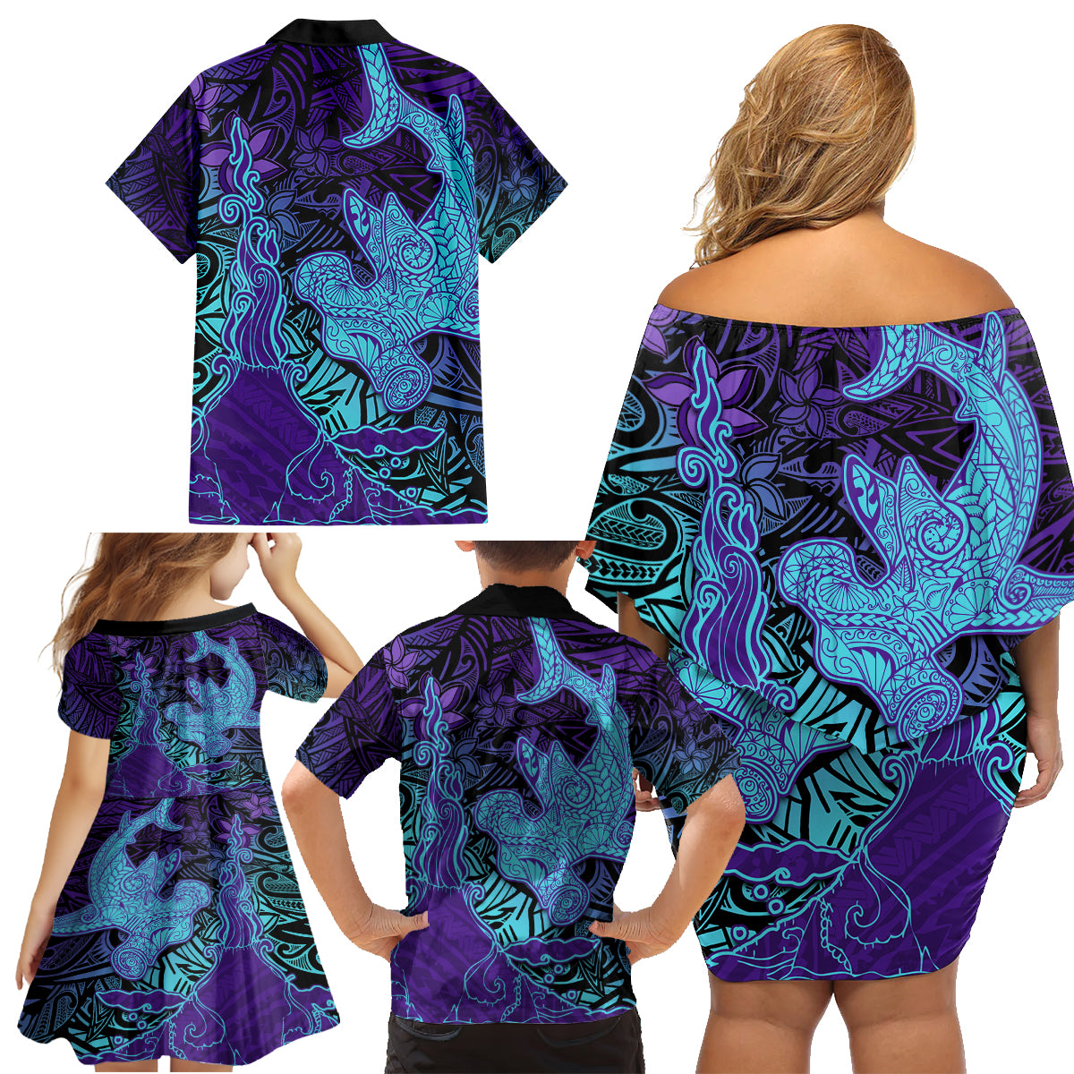 Hawaiian Volcano and Shark Family Matching Off Shoulder Short Dress and Hawaiian Shirt Polynesian and Hibiscus Pattern Purple Cyan Gradient LT03 - Polynesian Pride