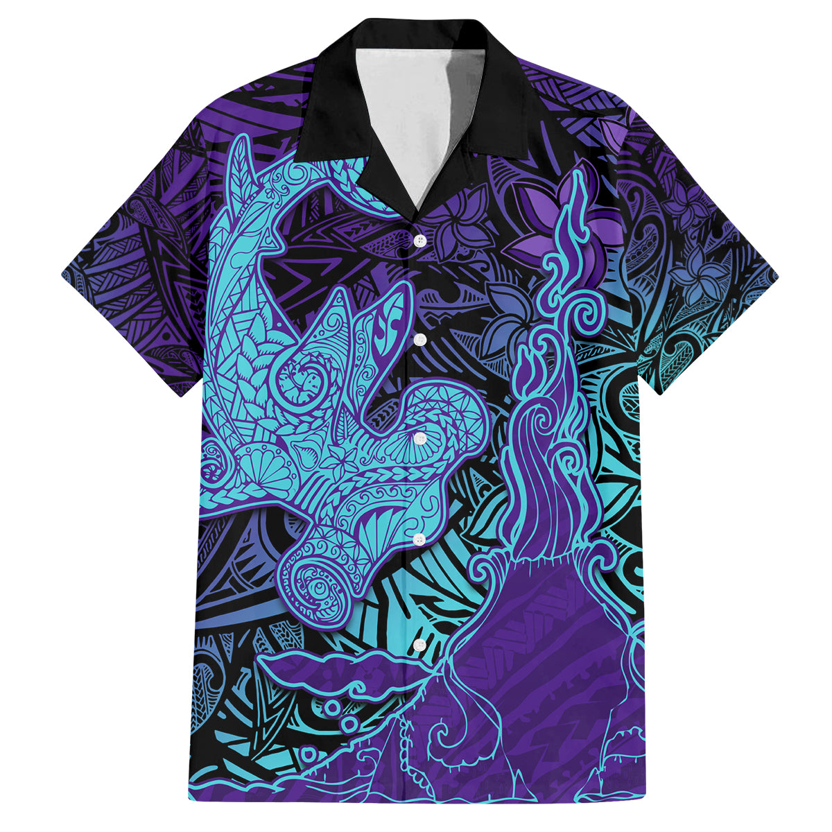 Hawaiian Volcano and Shark Family Matching Off Shoulder Short Dress and Hawaiian Shirt Polynesian and Hibiscus Pattern Purple Cyan Gradient LT03 Dad's Shirt - Short Sleeve Purple - Polynesian Pride
