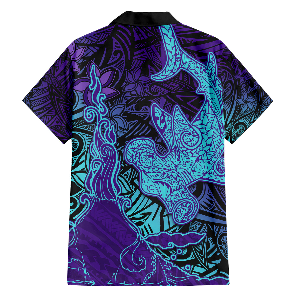 Hawaiian Volcano and Shark Family Matching Off Shoulder Short Dress and Hawaiian Shirt Polynesian and Hibiscus Pattern Purple Cyan Gradient LT03 - Polynesian Pride