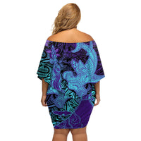 Hawaiian Volcano and Shark Family Matching Off Shoulder Short Dress and Hawaiian Shirt Polynesian and Hibiscus Pattern Purple Cyan Gradient LT03 - Polynesian Pride