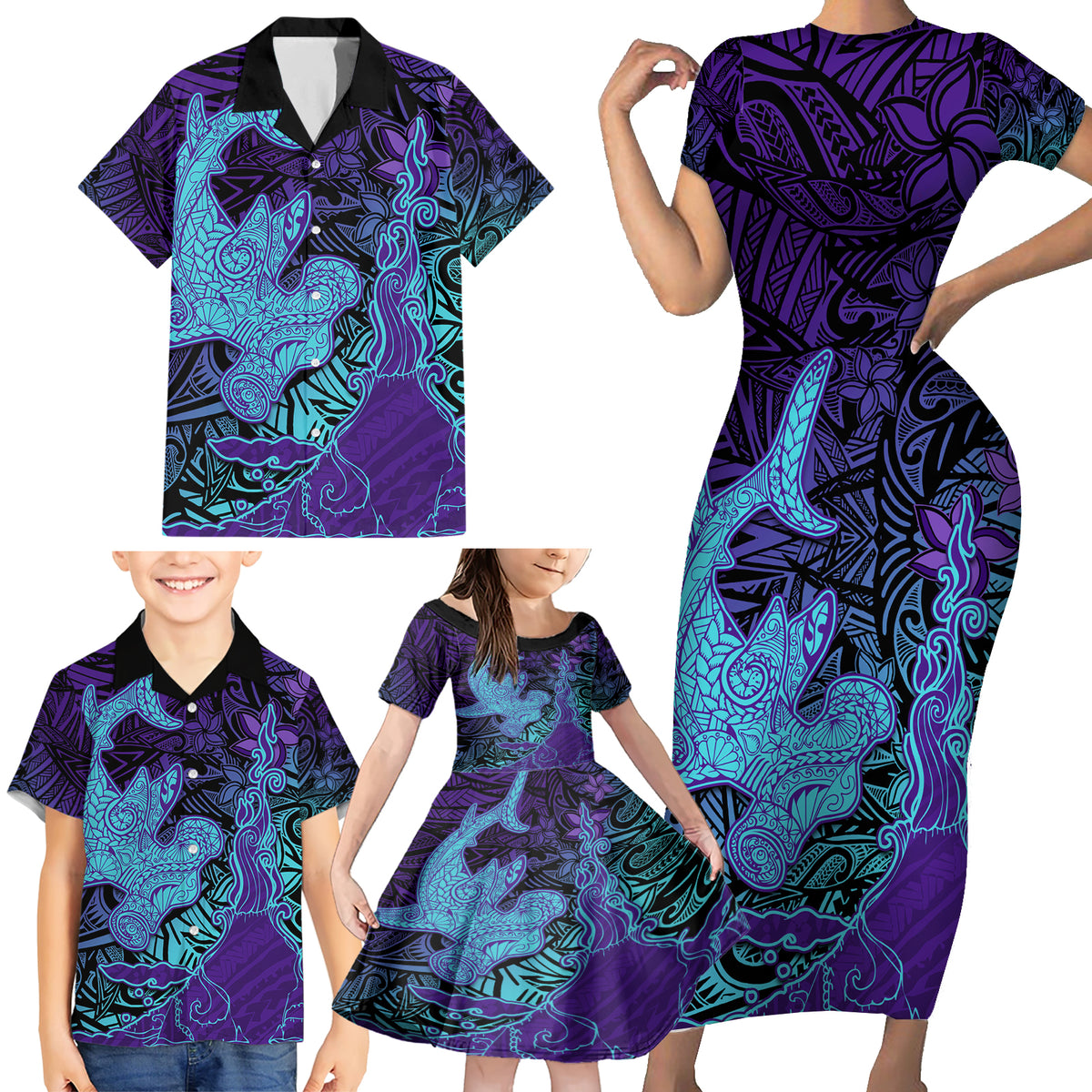 Hawaiian Volcano and Shark Family Matching Short Sleeve Bodycon Dress and Hawaiian Shirt Polynesian and Hibiscus Pattern Purple Cyan Gradient LT03 - Polynesian Pride