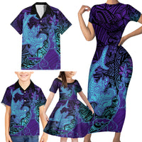 Hawaiian Volcano and Shark Family Matching Short Sleeve Bodycon Dress and Hawaiian Shirt Polynesian and Hibiscus Pattern Purple Cyan Gradient LT03 - Polynesian Pride