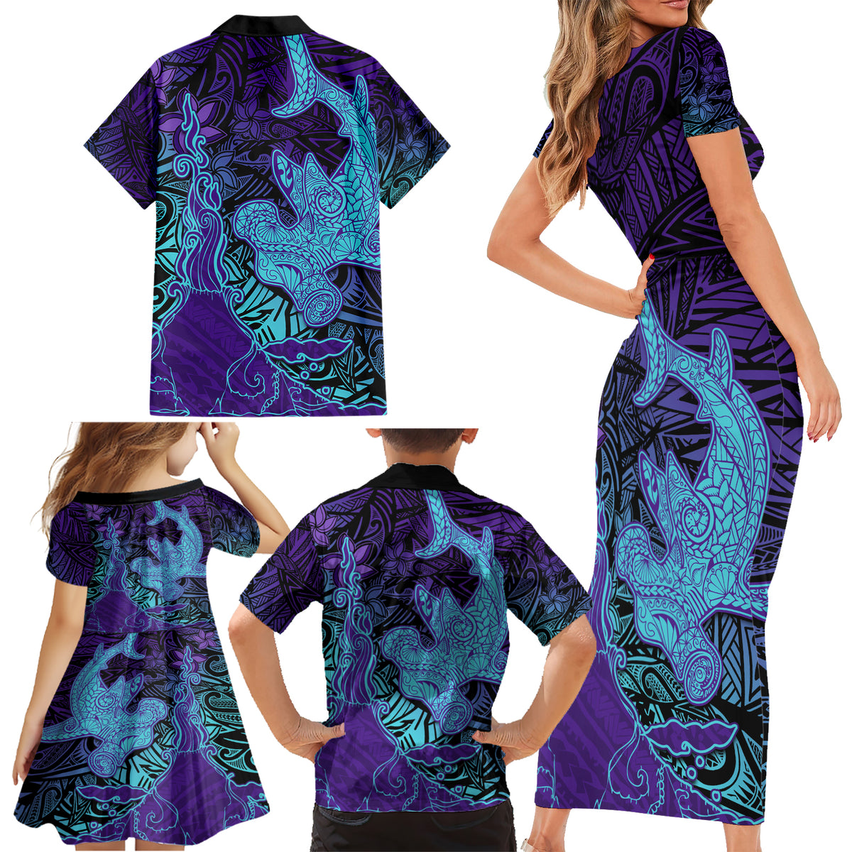 Hawaiian Volcano and Shark Family Matching Short Sleeve Bodycon Dress and Hawaiian Shirt Polynesian and Hibiscus Pattern Purple Cyan Gradient LT03 - Polynesian Pride
