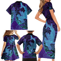 Hawaiian Volcano and Shark Family Matching Short Sleeve Bodycon Dress and Hawaiian Shirt Polynesian and Hibiscus Pattern Purple Cyan Gradient LT03 - Polynesian Pride