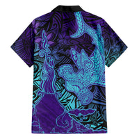 Hawaiian Volcano and Shark Family Matching Short Sleeve Bodycon Dress and Hawaiian Shirt Polynesian and Hibiscus Pattern Purple Cyan Gradient LT03 - Polynesian Pride