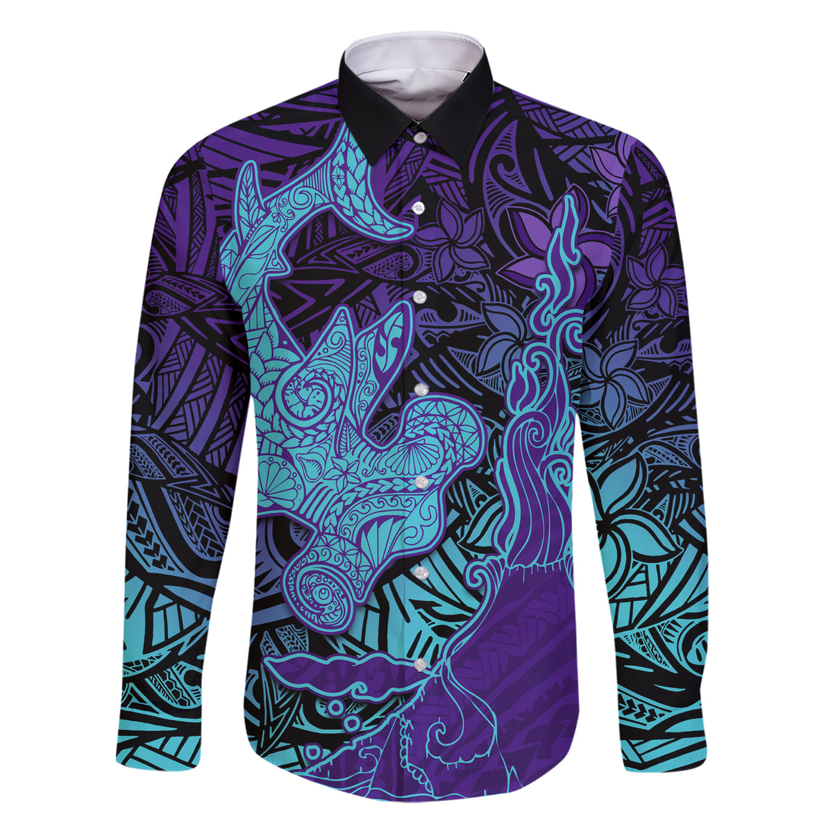 Hawaiian Volcano and Shark Family Matching Short Sleeve Bodycon Dress and Hawaiian Shirt Polynesian and Hibiscus Pattern Purple Cyan Gradient LT03 Dad's Shirt - Long Sleeve Purple - Polynesian Pride