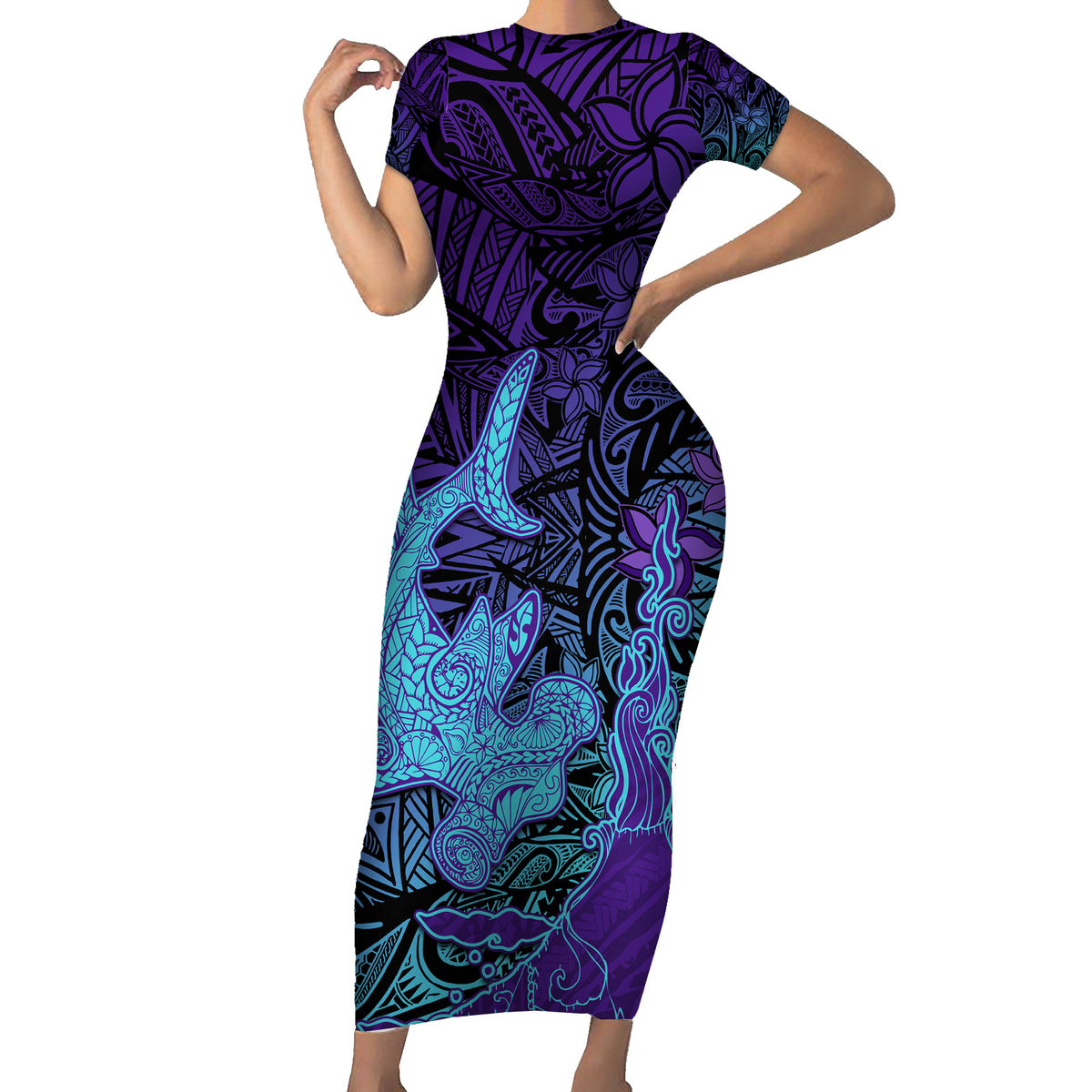 Hawaiian Volcano and Shark Family Matching Short Sleeve Bodycon Dress and Hawaiian Shirt Polynesian and Hibiscus Pattern Purple Cyan Gradient LT03 Mom's Dress Purple - Polynesian Pride
