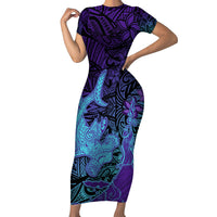 Hawaiian Volcano and Shark Family Matching Short Sleeve Bodycon Dress and Hawaiian Shirt Polynesian and Hibiscus Pattern Purple Cyan Gradient LT03 Mom's Dress Purple - Polynesian Pride