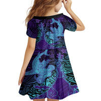 Hawaiian Volcano and Shark Family Matching Tank Maxi Dress and Hawaiian Shirt Polynesian and Hibiscus Pattern Purple Cyan Gradient LT03 - Polynesian Pride