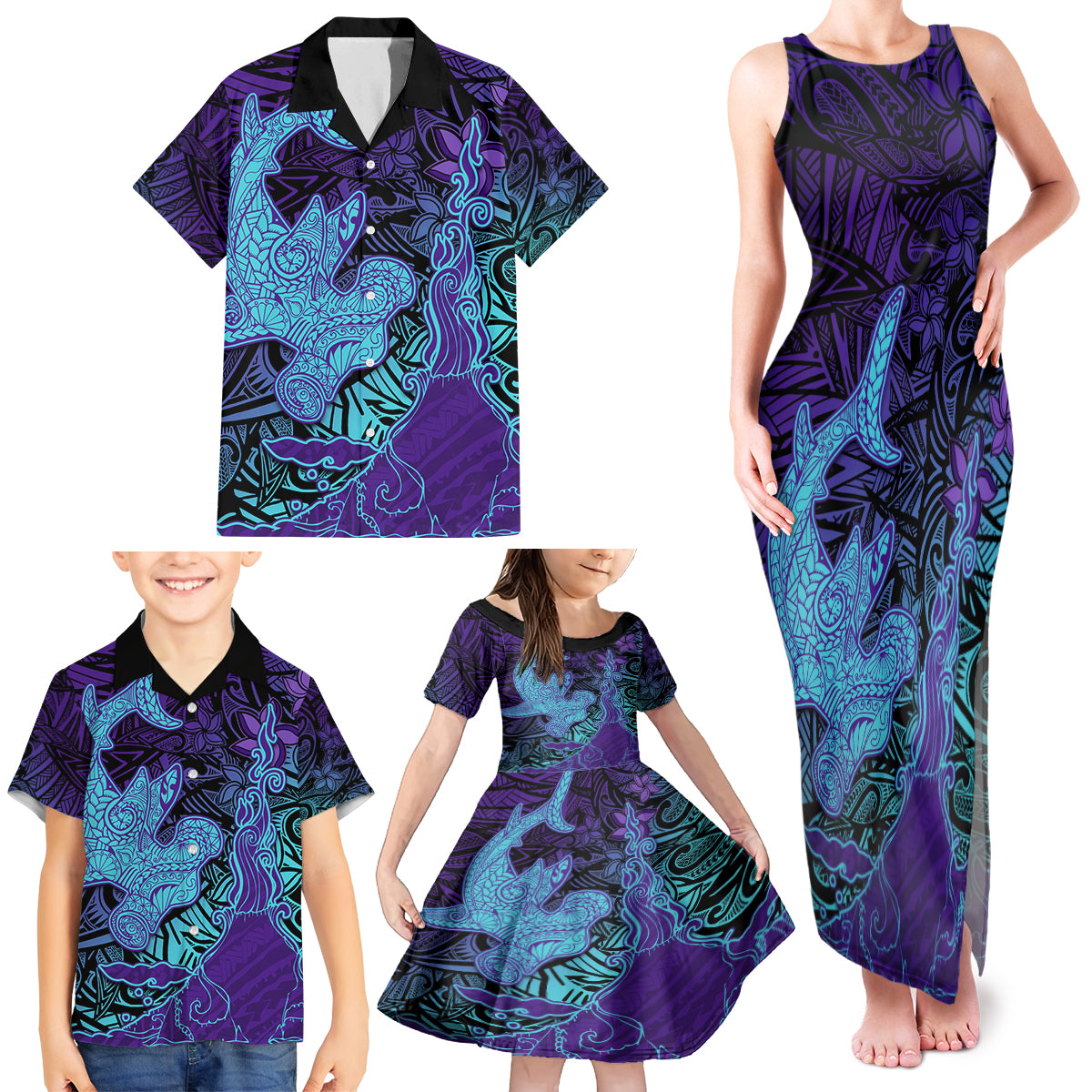 Hawaiian Volcano and Shark Family Matching Tank Maxi Dress and Hawaiian Shirt Polynesian and Hibiscus Pattern Purple Cyan Gradient LT03 - Polynesian Pride
