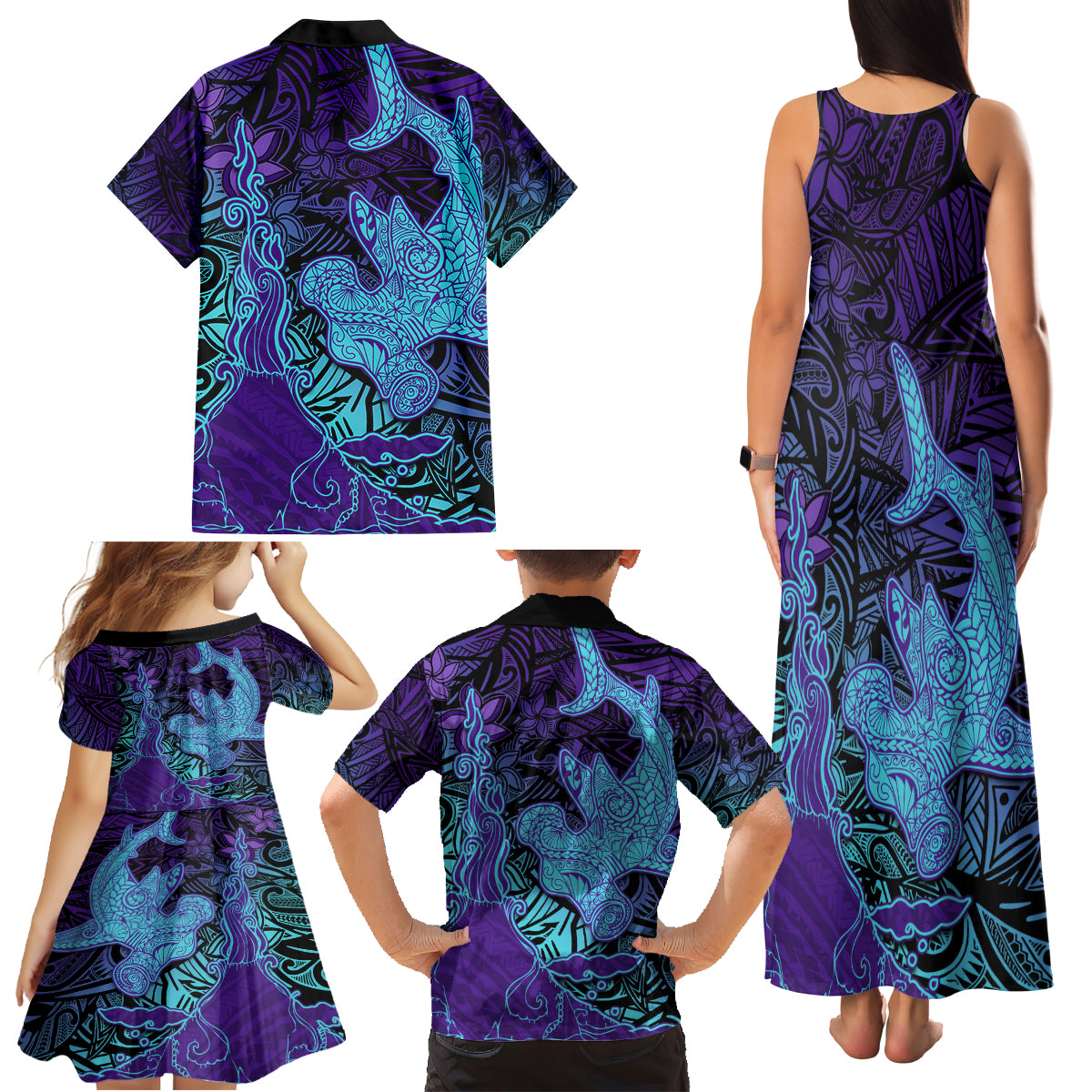 Hawaiian Volcano and Shark Family Matching Tank Maxi Dress and Hawaiian Shirt Polynesian and Hibiscus Pattern Purple Cyan Gradient LT03 - Polynesian Pride