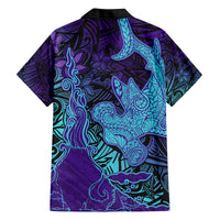 Hawaiian Volcano and Shark Family Matching Tank Maxi Dress and Hawaiian Shirt Polynesian and Hibiscus Pattern Purple Cyan Gradient LT03 - Polynesian Pride