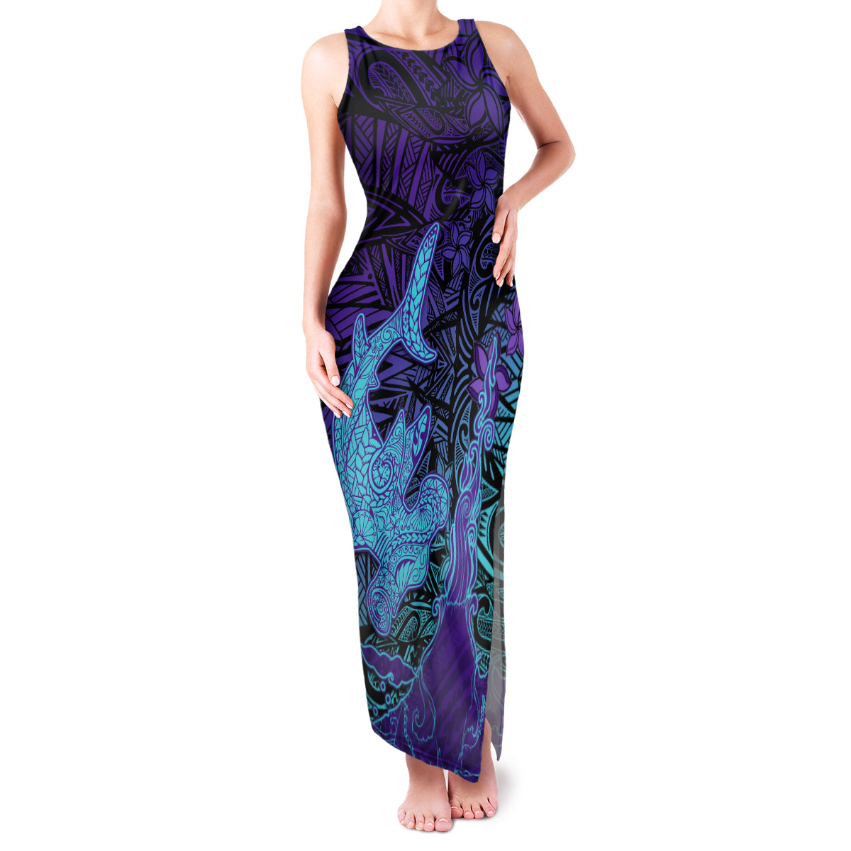 Hawaiian Volcano and Shark Family Matching Tank Maxi Dress and Hawaiian Shirt Polynesian and Hibiscus Pattern Purple Cyan Gradient LT03 Mom's Dress Purple - Polynesian Pride