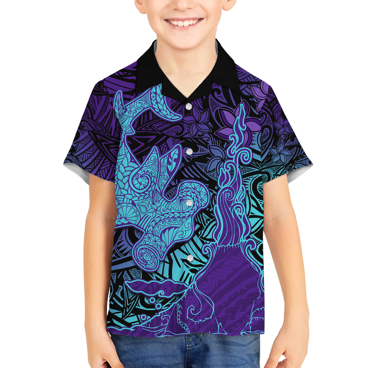 Hawaiian Volcano and Shark Family Matching Tank Maxi Dress and Hawaiian Shirt Polynesian and Hibiscus Pattern Purple Cyan Gradient LT03 Son's Shirt Purple - Polynesian Pride