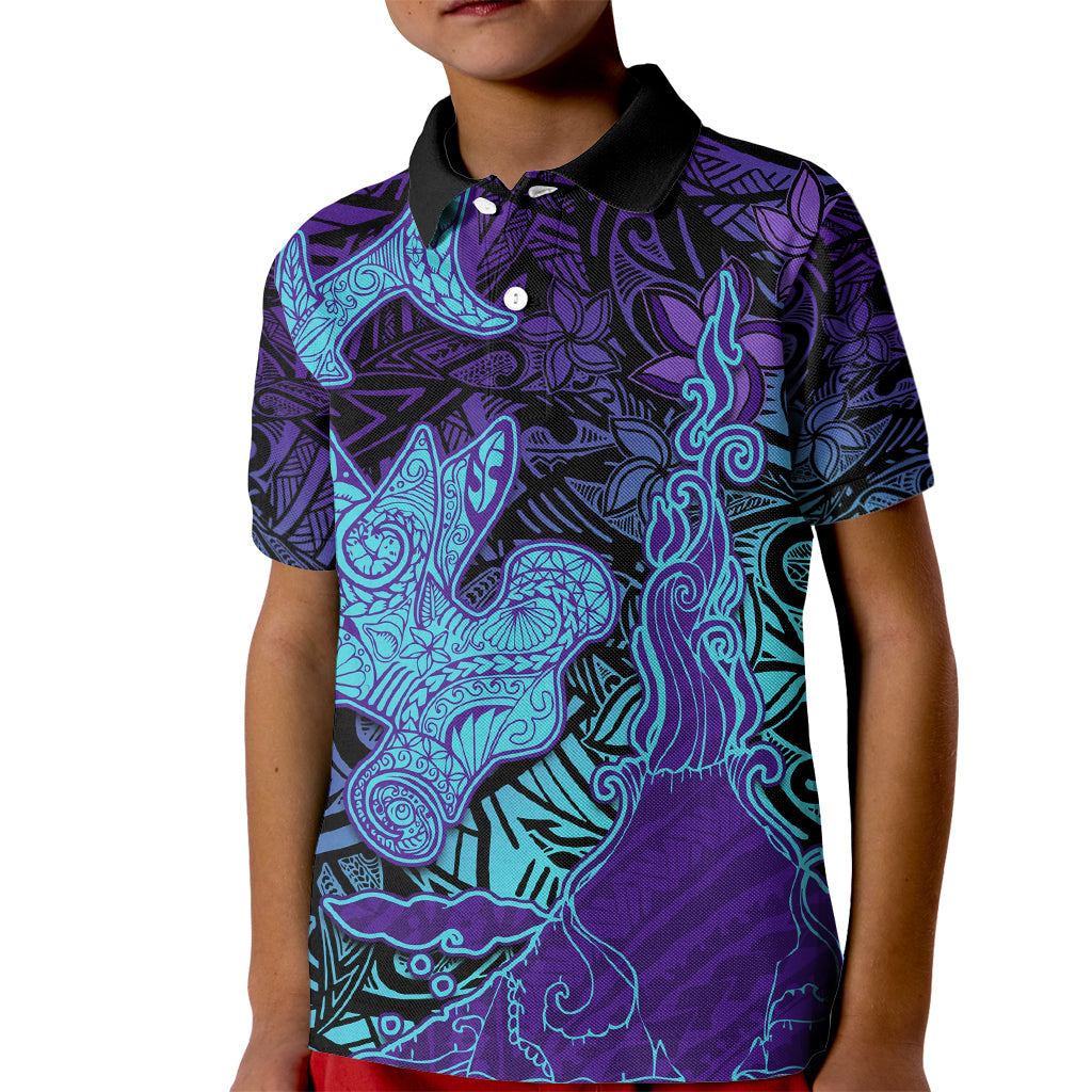 Hawaiian Volcano and Shark Kid Polo Shirt Polynesian and Hibiscus Pattern Purple Cyan Gradient