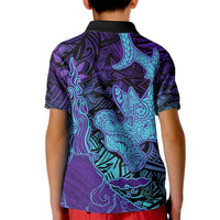 Hawaiian Volcano and Shark Kid Polo Shirt Polynesian and Hibiscus Pattern Purple Cyan Gradient