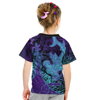 Hawaiian Volcano and Shark Kid T Shirt Polynesian and Hibiscus Pattern Purple Cyan Gradient