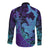 Hawaiian Volcano and Shark Long Sleeve Button Shirt Polynesian and Hibiscus Pattern Purple Cyan Gradient