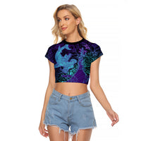 Hawaiian Volcano and Shark Raglan Cropped T Shirt Polynesian and Hibiscus Pattern Purple Cyan Gradient