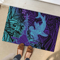 Hawaiian Volcano and Shark Rubber Doormat Polynesian and Hibiscus Pattern Purple Cyan Gradient