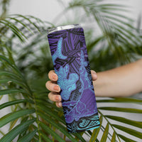 Hawaiian Volcano and Shark Skinny Tumbler Polynesian and Hibiscus Pattern Purple Cyan Gradient