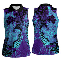 Hawaiian Volcano and Shark Women Sleeveless Polo Shirt Polynesian and Hibiscus Pattern Purple Cyan Gradient
