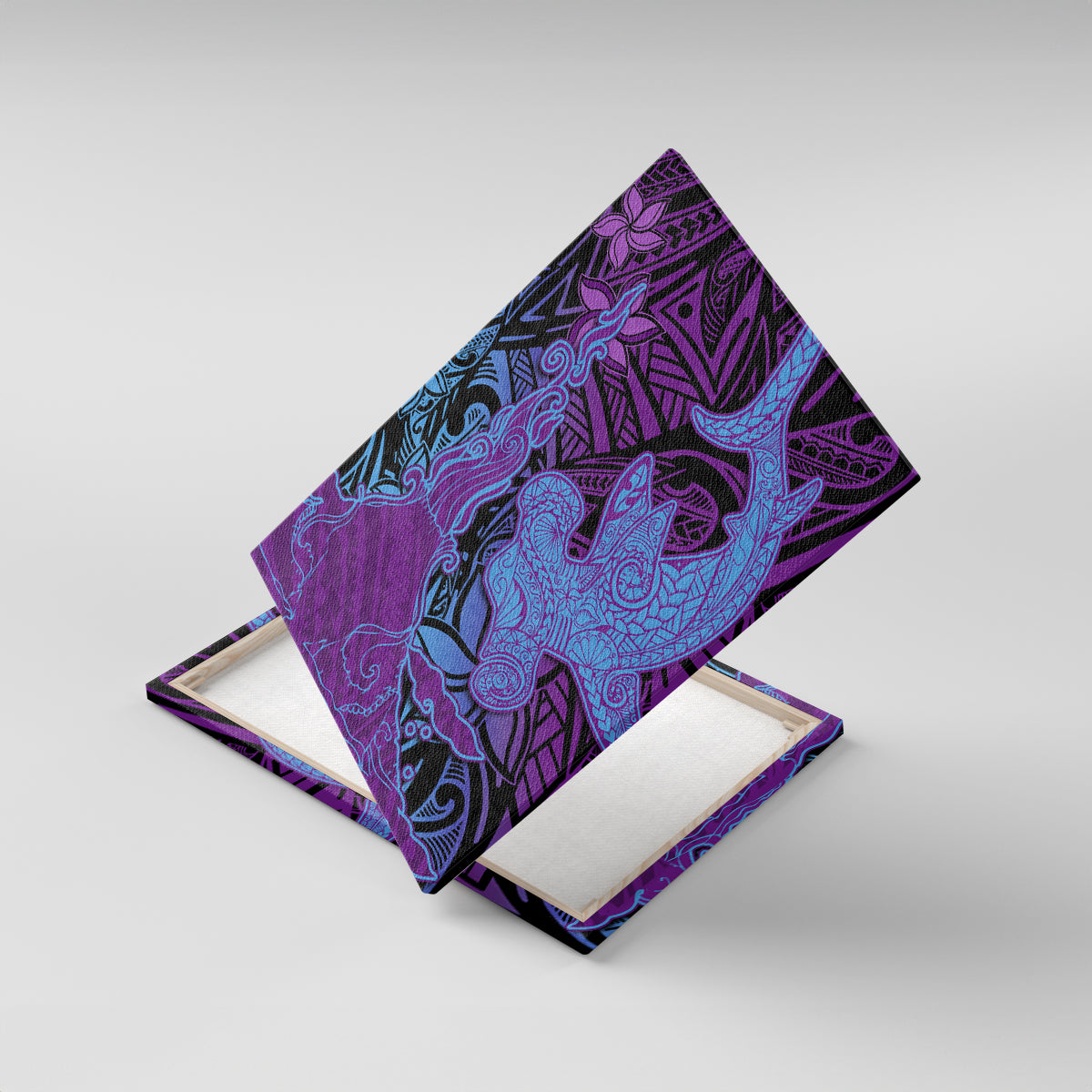 Hawaiian Volcano and Shark Canvas Wall Art Polynesian and Hibiscus Pattern Violet Gradient