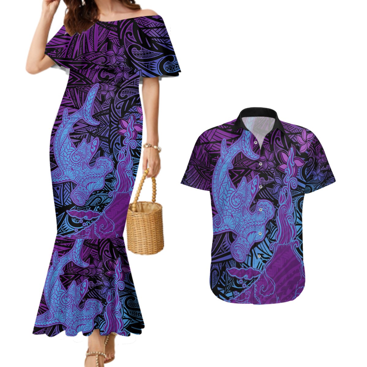 Hawaiian Volcano and Shark Couples Matching Mermaid Dress and Hawaiian Shirt Polynesian and Hibiscus Pattern Violet Gradient