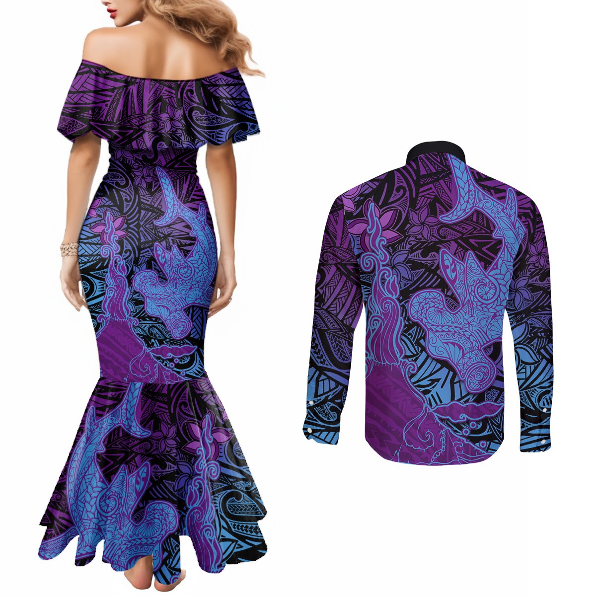 Hawaiian Volcano and Shark Couples Matching Mermaid Dress and Long Sleeve Button Shirt Polynesian and Hibiscus Pattern Violet Gradient