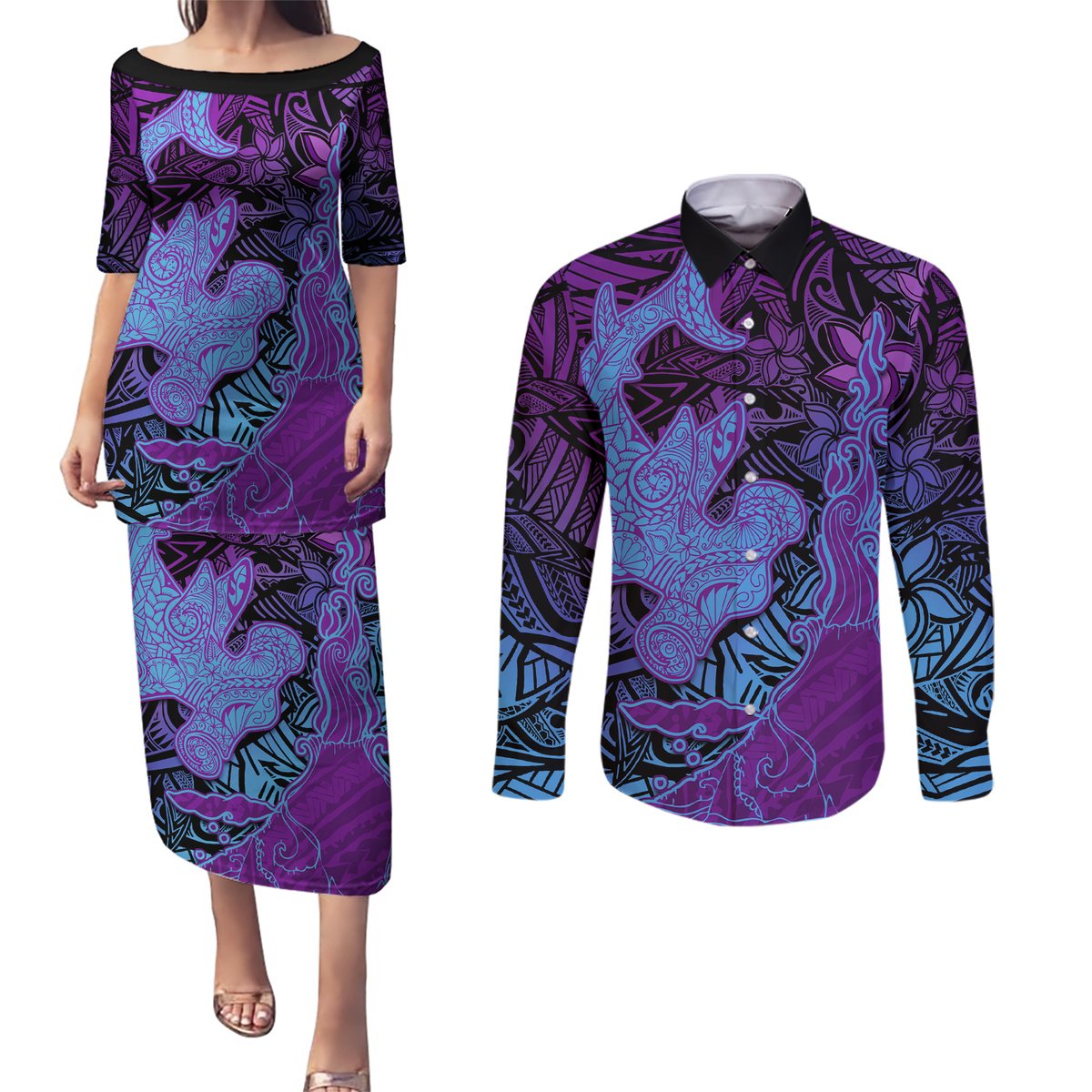 Hawaiian Volcano and Shark Couples Matching Puletasi and Long Sleeve Button Shirt Polynesian and Hibiscus Pattern Violet Gradient