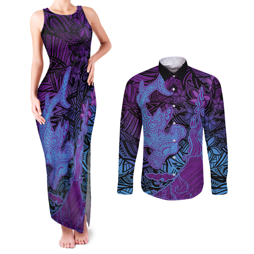 Hawaiian Volcano and Shark Couples Matching Tank Maxi Dress and Long Sleeve Button Shirt Polynesian and Hibiscus Pattern Violet Gradient