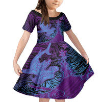 Hawaiian Volcano and Shark Family Matching Mermaid Dress and Hawaiian Shirt Polynesian and Hibiscus Pattern Violet Gradient