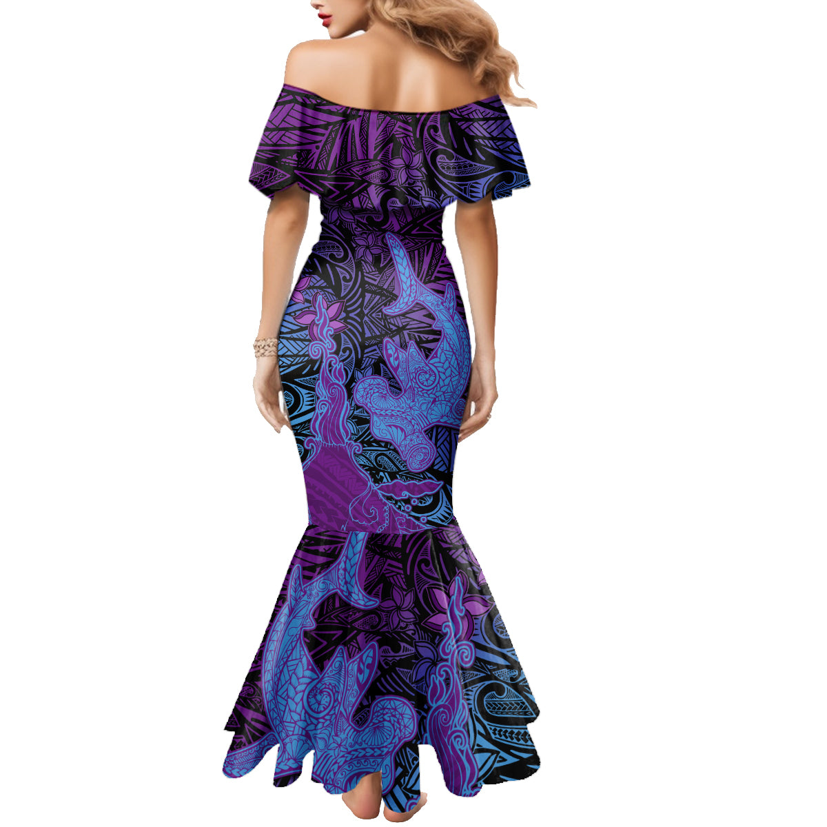 Hawaiian Volcano and Shark Family Matching Mermaid Dress and Hawaiian Shirt Polynesian and Hibiscus Pattern Violet Gradient