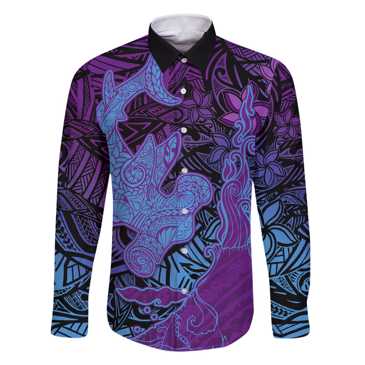 Hawaiian Volcano and Shark Family Matching Off Shoulder Short Dress and Hawaiian Shirt Polynesian and Hibiscus Pattern Violet Gradient