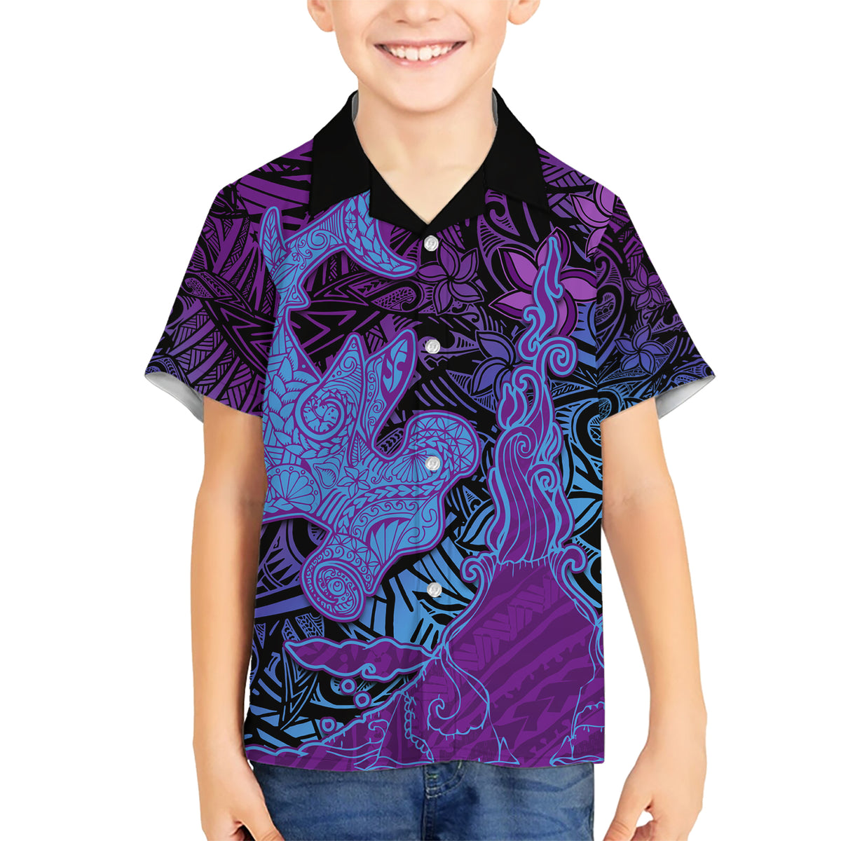 Hawaiian Volcano and Shark Family Matching Short Sleeve Bodycon Dress and Hawaiian Shirt Polynesian and Hibiscus Pattern Violet Gradient
