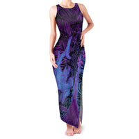 Hawaiian Volcano and Shark Family Matching Tank Maxi Dress and Hawaiian Shirt Polynesian and Hibiscus Pattern Violet Gradient