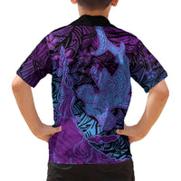 Hawaiian Volcano and Shark Kid Hawaiian Shirt Polynesian and Hibiscus Pattern Violet Gradient