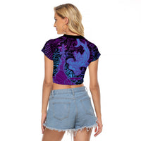 Hawaiian Volcano and Shark Raglan Cropped T Shirt Polynesian and Hibiscus Pattern Violet Gradient