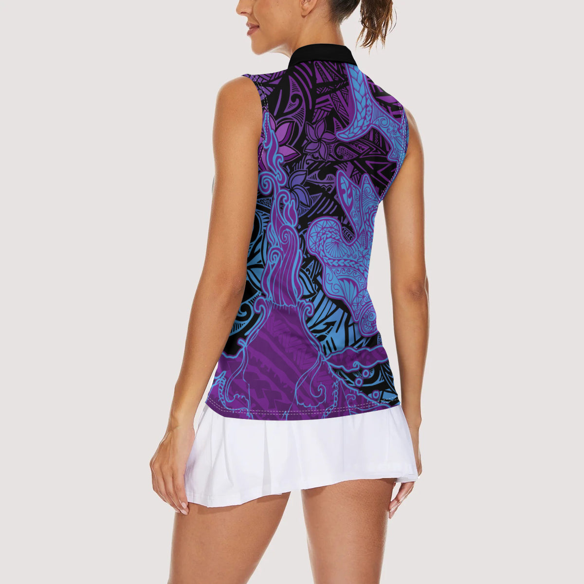 Hawaiian Volcano and Shark Women Sleeveless Polo Shirt Polynesian and Hibiscus Pattern Violet Gradient