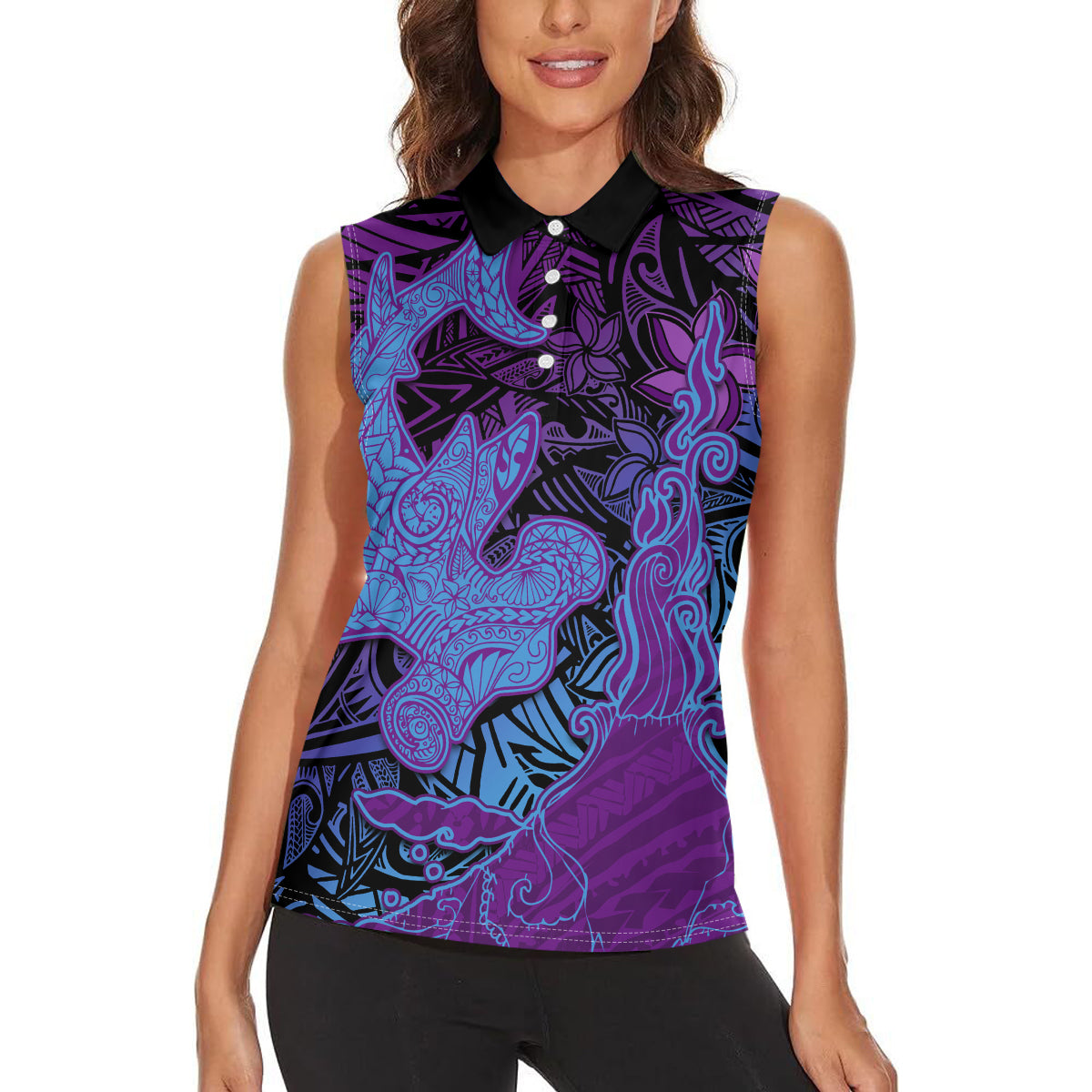 Hawaiian Volcano and Shark Women Sleeveless Polo Shirt Polynesian and Hibiscus Pattern Violet Gradient