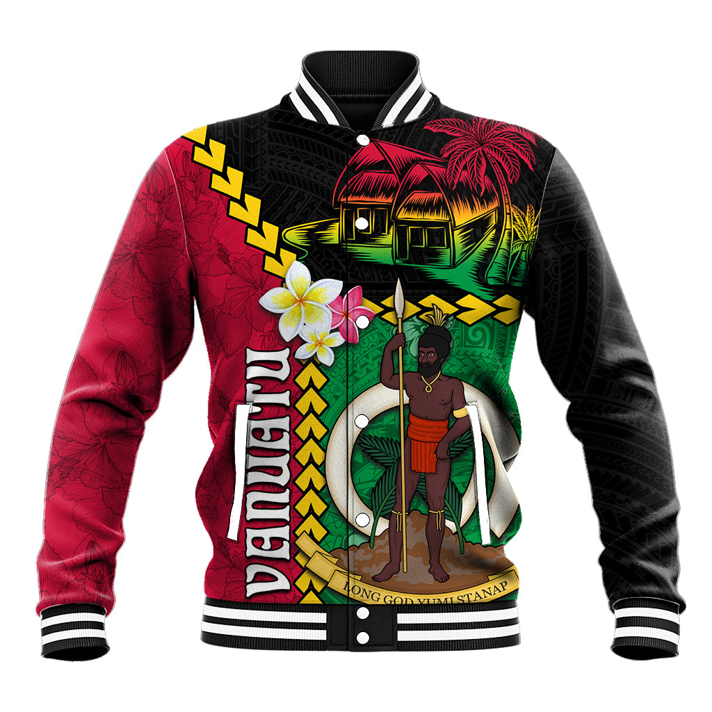 Vanuatu Nakamal and Plumeria Flowers Baseball Jacket Polynesian Pattern