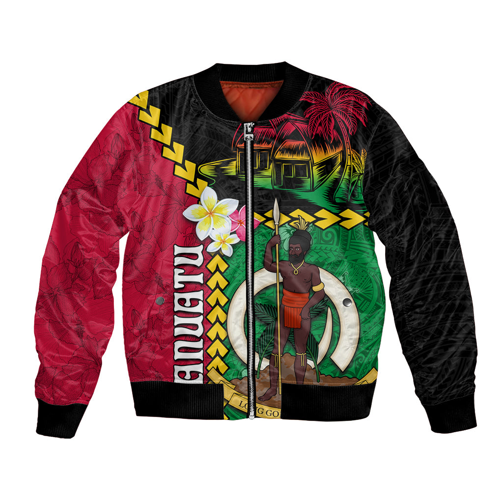 Vanuatu Nakamal and Plumeria Flowers Bomber Jacket Polynesian Pattern
