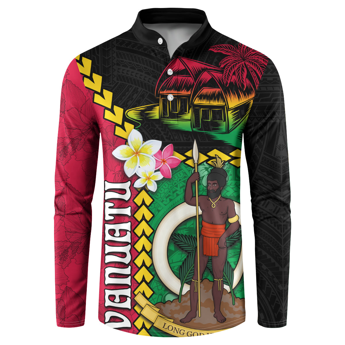 Vanuatu Nakamal and Plumeria Flowers Button Sweatshirt Polynesian Pattern