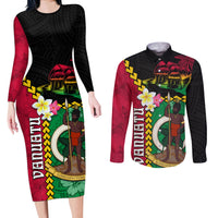 Vanuatu Nakamal and Plumeria Flowers Couples Matching Long Sleeve Bodycon Dress and Long Sleeve Button Shirt Polynesian Pattern