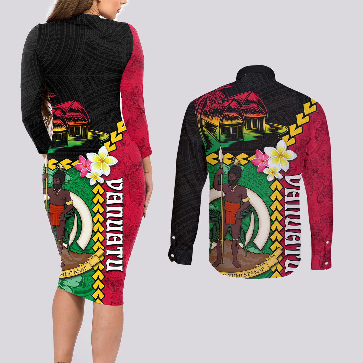 Vanuatu Nakamal and Plumeria Flowers Couples Matching Long Sleeve Bodycon Dress and Long Sleeve Button Shirt Polynesian Pattern