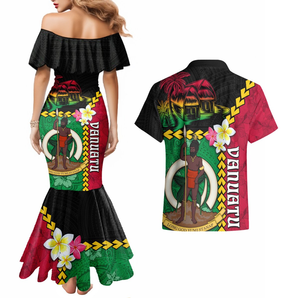 Vanuatu Nakamal and Plumeria Flowers Couples Matching Mermaid Dress and Hawaiian Shirt Polynesian Pattern