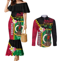 Vanuatu Nakamal and Plumeria Flowers Couples Matching Mermaid Dress and Long Sleeve Button Shirt Polynesian Pattern